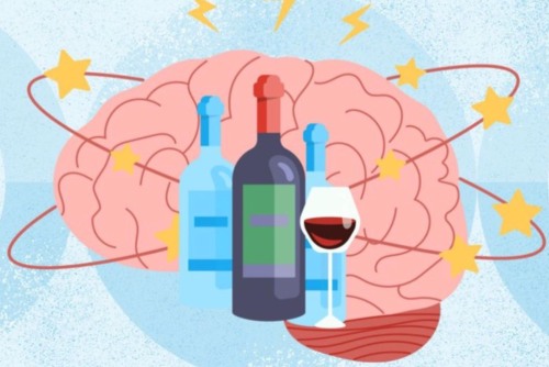 Illustration of a brain with various kinds of alcohol on top of it